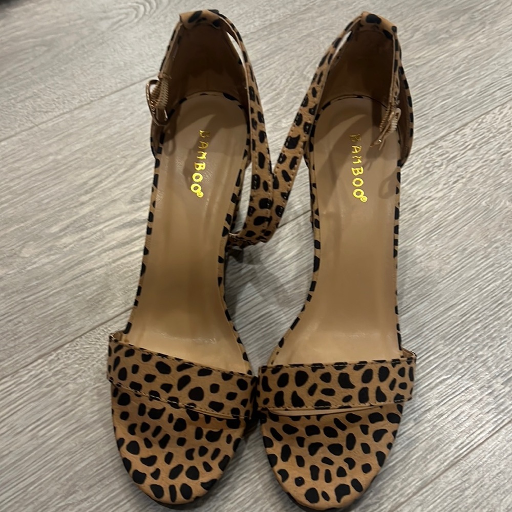 Tan and black polka dot block heels